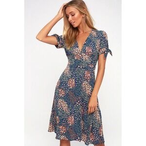 Lulus Navy Blue Floral V-Neck Tie Sleeve Midi Dress Womens Size Medium